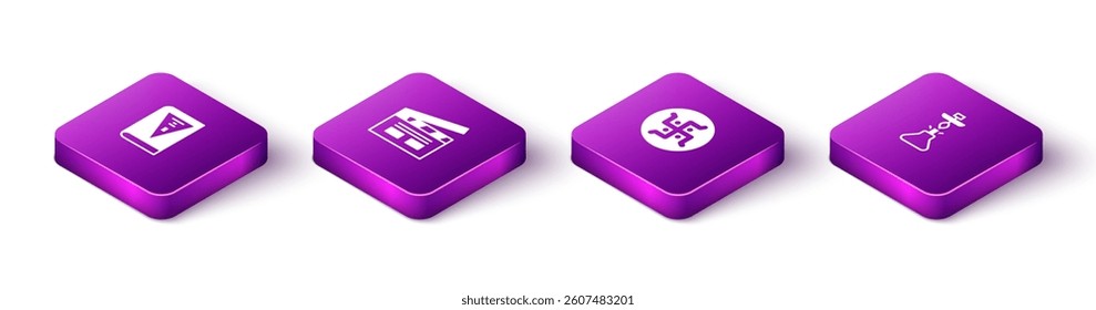 Set Isometric India constitution day, Bollywood indian cinema, Hindu swastika and Hookah icon. Vector
