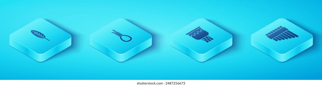 Set Isometric Indian feather, Gallows rope loop hanging, Pan flute and Drum icon. Vector