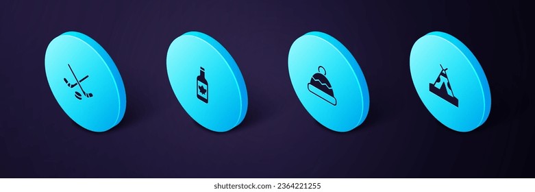 Set Isometric Indian teepee or wigwam, Beanie hat, Beer bottle and Ice hockey sticks and puck icon. Vector
