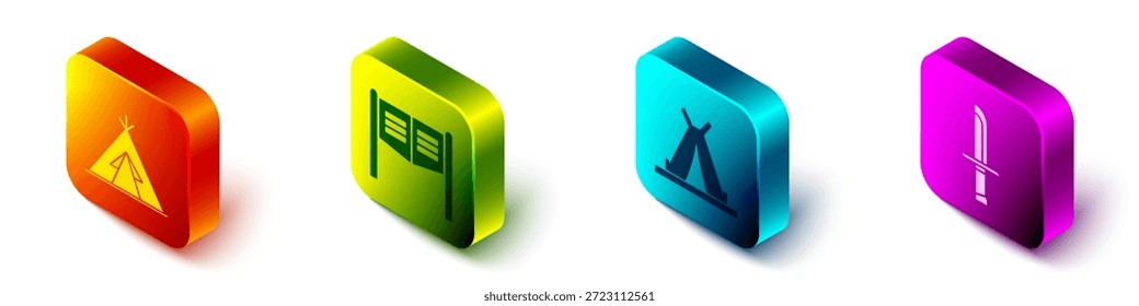 Conjunto tipi o wigwam indio isométrico, puerta de salón, tipi o wigwam indio e icono de cuchillo militar. Vector