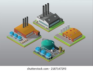 set of isometric industrial buildings: factory, refinery, warehouse, power plant. Vector illustration