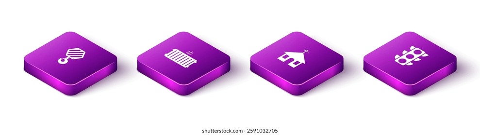 Set Isometric Industrial hook, Heating radiator, Church building and Traffic light icon. Vector