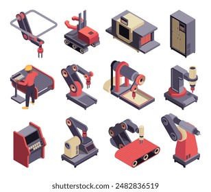 Set of isometric industrial machinery. Icon with modern equipment, robotic arms and conveyors to automate production in plant or factory. 3D vector illustration collection isolated on white background