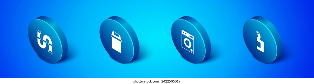 Set Isometric Industry metallic pipe, Washer, Dishwashing liquid bottle and Trash can icon. Vector