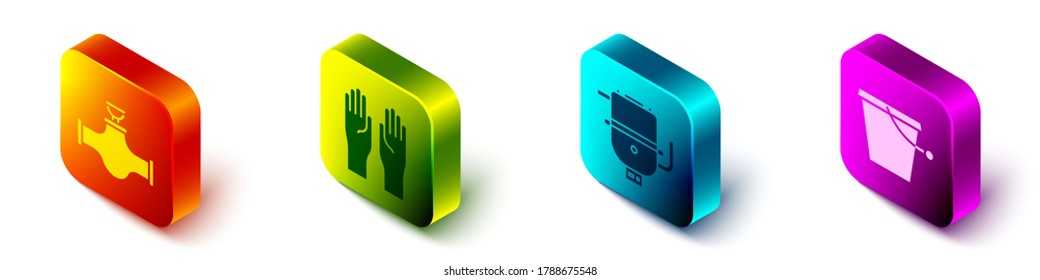 Set Isometric Industry pipe and valve, Rubber gloves, Electric boiler for heating water and Bucket icon. Vector