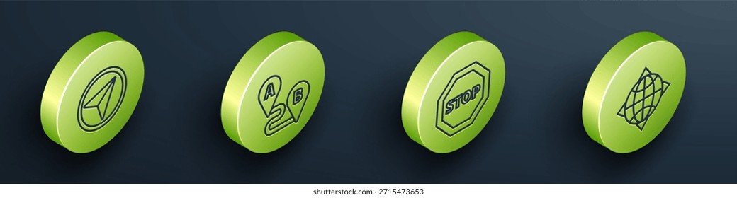 Set Isometric Infographic of city map navigation, Route location, Stop sign and World globe with compass icon. Vector