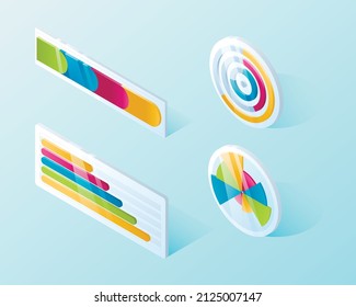 Conjunto de elementos de diseño infográfico isométrico, gráfico gráfico o gráfico circular con escalas.