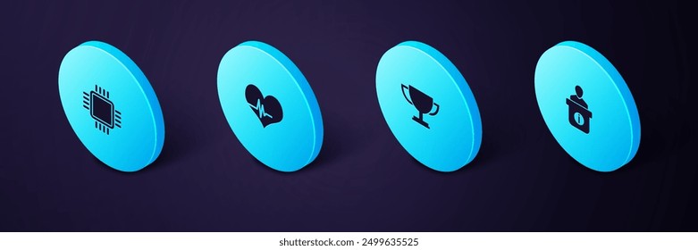 Set Isometric Information desk, Trophy cup, Heart rate and Processor with CPU icon. Vector