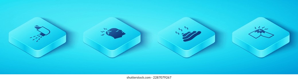 Set Isometric Inhaler, Man having headache, Joint pain, knee pain and Shit icon. Vector
