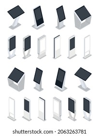 Set of Isometric Interactive Information Kiosks, Advertising Display, Terminal Stand