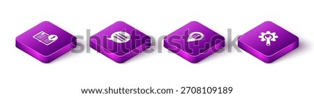 Set Isometric Interesting facts, Speech bubble chat, Location service and Wrench and gear icon. Vector