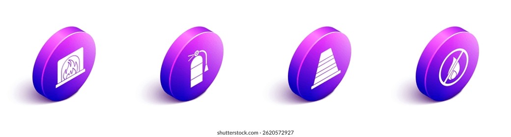 Set Isometric Interior fireplace, Fire extinguisher, Traffic cone and No fire icon. Vector
