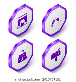 Coloca la chimenea isométrica del interior, la copa de champán, la bolsa de compras navideñas y el icono de la caja de correo. Botón hexágono púrpura. Vector
