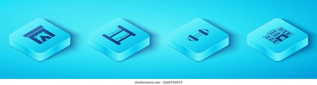 Set Isometrischer Innenraum Kamin, Hotelzimmerbett, Gebäude und Hantel Symbol. Vektorgrafik