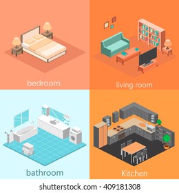 Set Of Isometric Interior Rooms Of The House. 