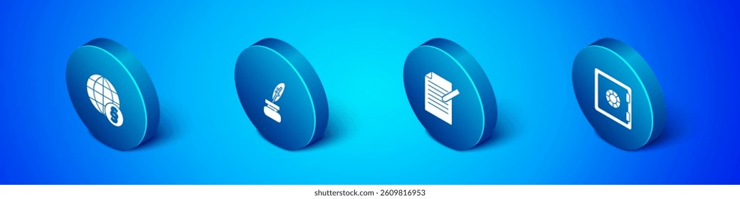 Set Isometric International law, Document and pen, Safe and Feather inkwell icon. Vector