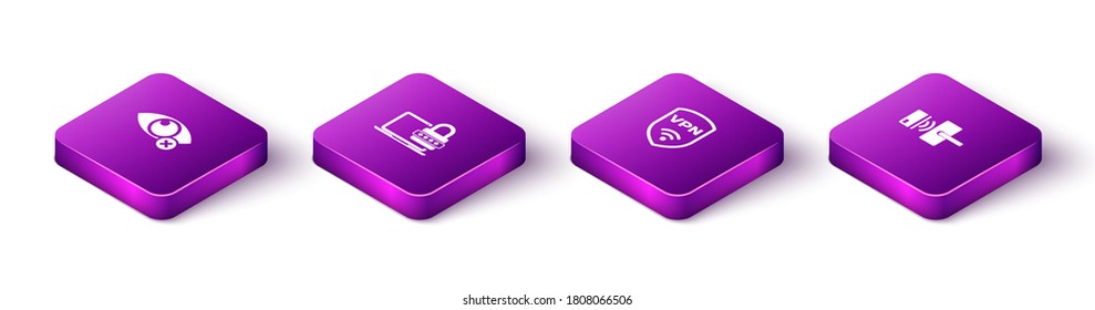 Ajuste Isometric Invisible u ocultar, Laptop con contraseña, Shield VPN inalámbrico e icono de cerradura digital de puertas. Vector.