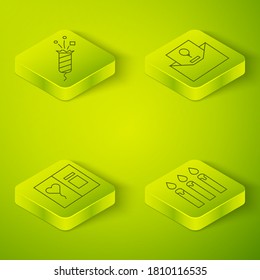 Establece la invitación isométrica, la tarjeta de saludo, las velas de pastel de cumpleaños y el icono del cohete de fuegos artificiales. Vector