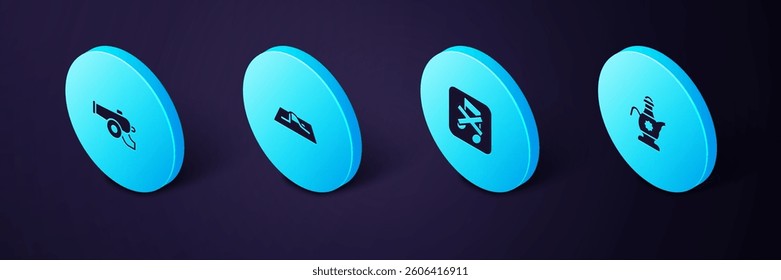Set Isometric Islamic teapot, Speaker mute, Muslim man prays and Ramadan cannon icon. Vector