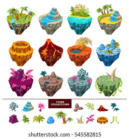 Set of isometric islands with ground, trees and rivers, volcano landscape, waterfall and icons collection. Isolated vector illustration