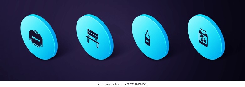 Conjunto de tarro de mermelada isométrica, botella de vino, banco y suéter icono. Vector