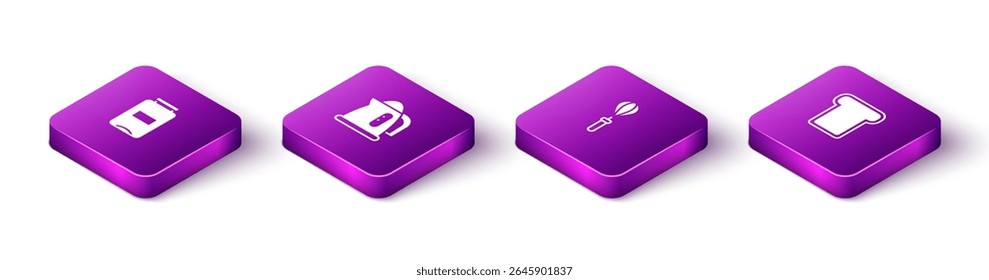 Set Isometric Jam jar, Electric kettle, Kitchen whisk and Bread toast icon. Vector