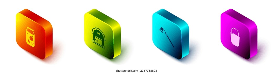 Set Isometric Jam jar, Farm house, Garden hoe and Bucket icon. Vector