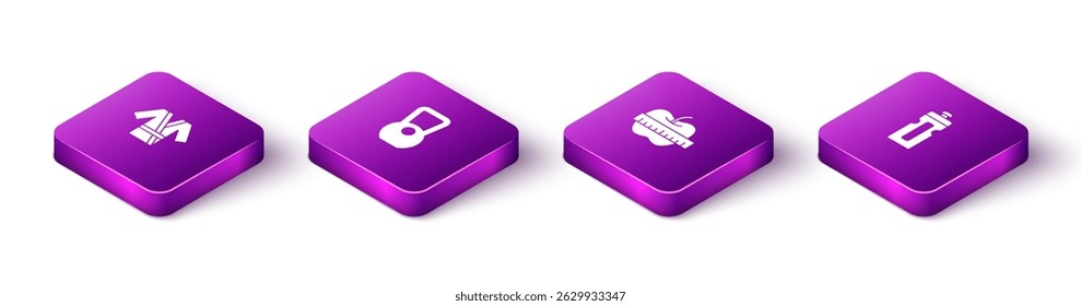 Set Isometric Japanese costume Kimono, Kettlebell, Apple and measuring tape and Fitness shaker icon. Vector