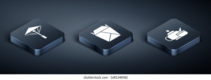 Set Isometric Japanese umbrella from the sun, Japanese tea ceremony and Rstaurant opened take out box filled icon. Vector