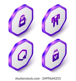 Set Isometric Jar of honey, Beekeeper costume, Honeycomb and  icon. Purple hexagon button. Vector