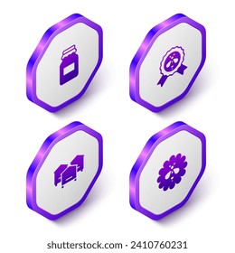 Set Isometric Jar of honey, Best bee, Hive for bees and Bee flower icon. Purple hexagon button. Vector