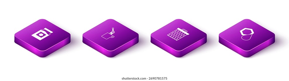 Defina o jarro isométrico de mel, vara de mergulhador de mel com, favo de mel e ícone. Vetor