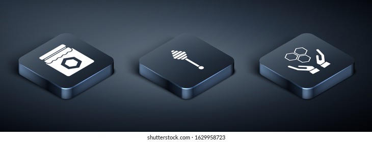 Set Isometric Jar of honey, Honeycomb and hands and Honey dipper stick icon. Vector