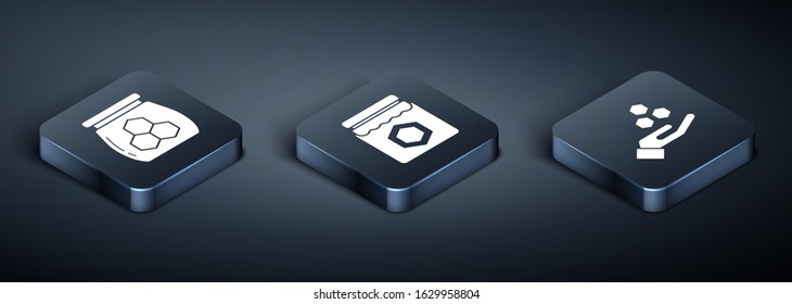 Set Isometric Jar of honey, Honeycomb and hand and Jar of honey icon. Vector