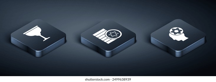 Set Isometric Jewish goblet, Orthodox jewish hat and coin icon. Vector
