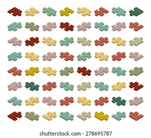 Set of the isometric jigsaw puzzle pieces. The objects are isolated against the white background and shown from different sides
