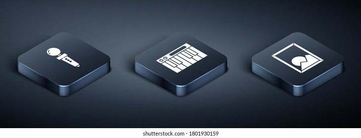 Isometrischer Joystick für Arcade-Maschine, Picture Landschaft und Musik Synthesizer-Icon. Vektorgrafik