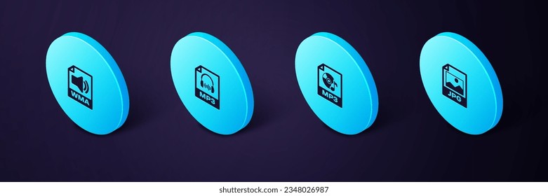 Set Isometric JPG file document, MP3,  and WMA icon. Vector
