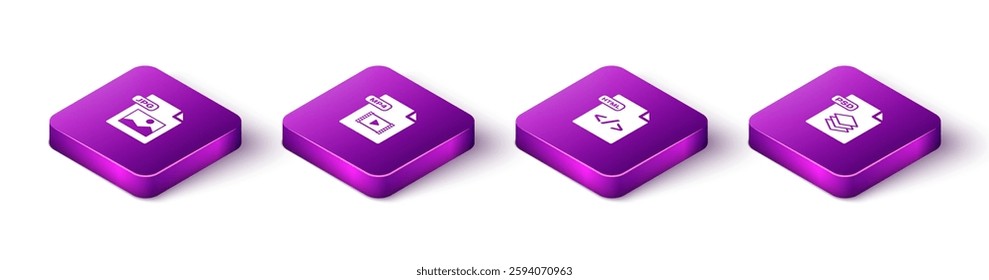 Set Isometric JPG file document, MP4, HTML and PSD icon. Vector