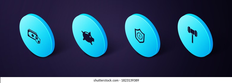 Set Isometric Judge gavel, Shield with dollar, Piggy bank and Money shield icon. Vector.