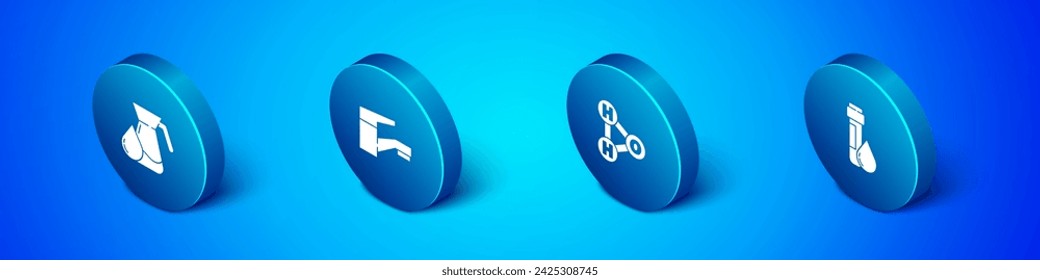 Vaso isométrico con agua, fórmula química para H2O, gota de tubo de ensayo e icono de grifo de agua. Vector