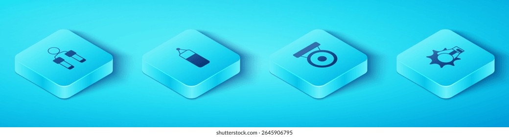 Set Isometric Jump rope, Punching bag, boxing glove and Boxing gong icon. Vector