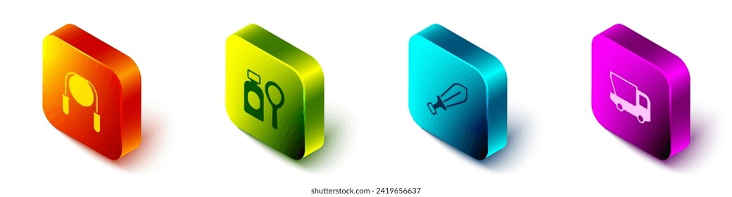 Set Isometric Jump rope, Soap bubbles bottle, Sword toy and Toy truck icon. Vector