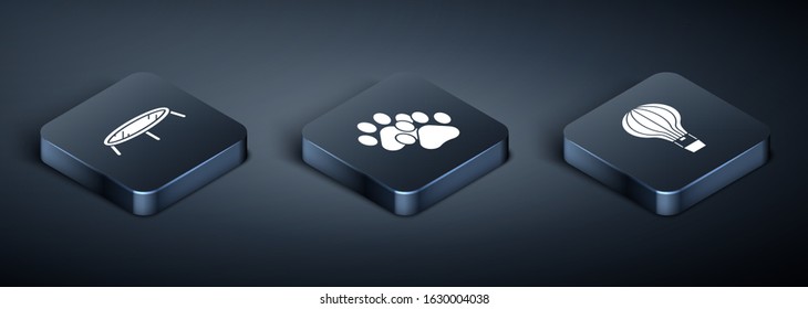 Set Isometric Jumping trampoline, Hot air balloon and Paw print icon. Vector