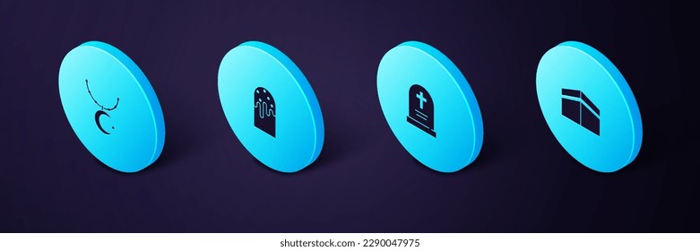 Set Isometric Kaaba mosque, Tombstone with cross, Easter cake and Star and crescent chain icon. Vector