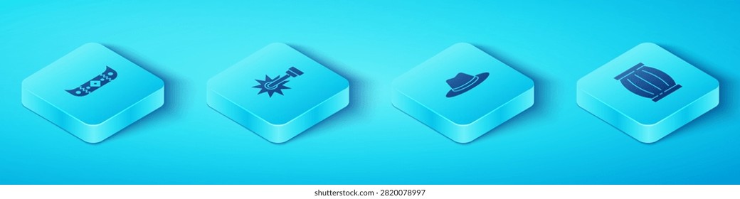 Set Isometric Kayak or canoe and paddle, Spur, Gun powder barrel and Western cowboy hat icon. Vector