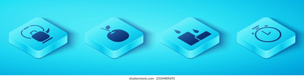 Set Isometric Kettle with handle, Apple, Stopwatch and Burning candle icon. Vector