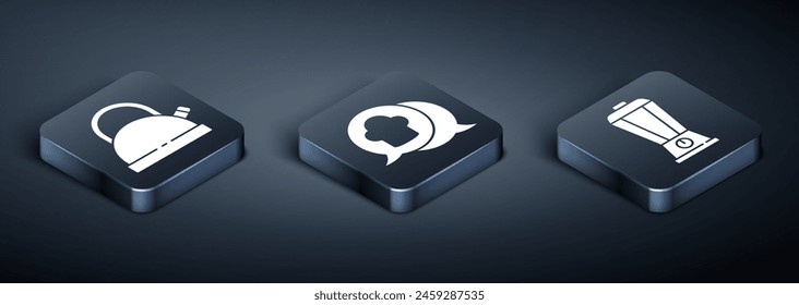 Set Isometric Kettle with handle, Blender and Chef hat in speech bubble icon. Vector