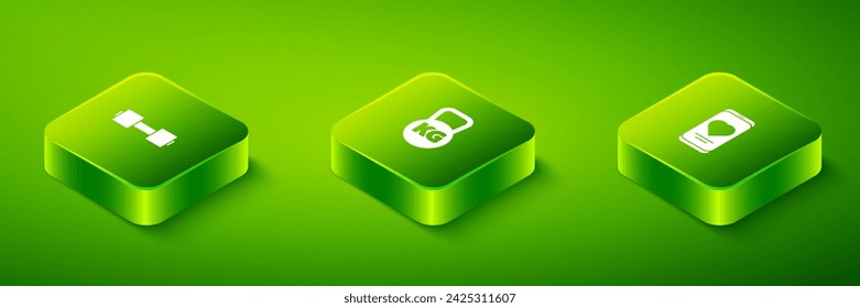 Set Isometric Kettlebell, Mobile with heart rate and Dumbbell icon. Vector