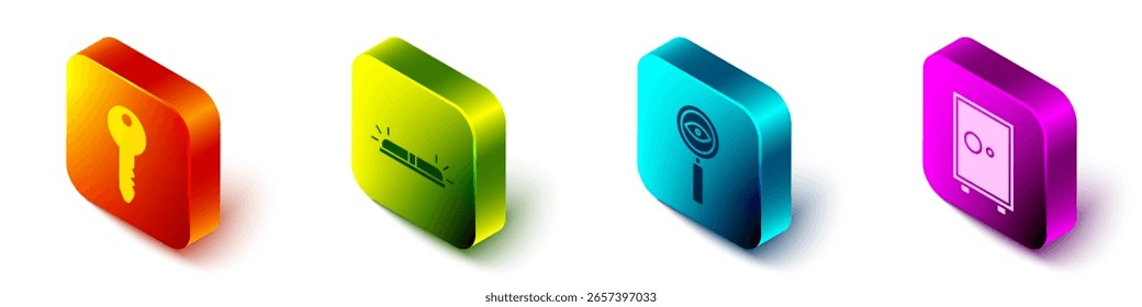 Set Isometrische Schlüssel, Blinksiren, Lupe Glas Suche und Safe-Symbol. Vektorgrafik